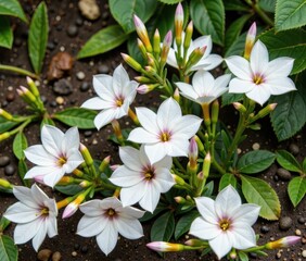 Obraz premium Cluster of delicate white star shaped flowers with green leaves and soil background