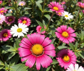 Close up of vibrant pink and white daisy like flowers with yellow centers in a garden