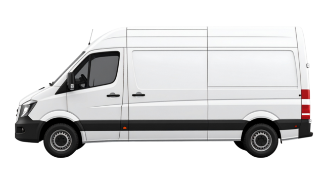 Delivery white van or truck with space for text isolated over white background. PNG