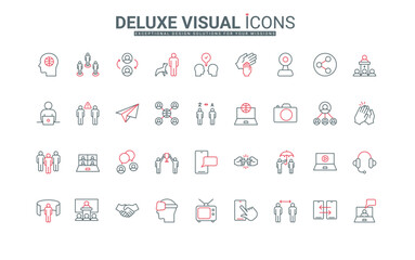 Business community, team organization and communication in partnership line icons set. Teamwork and support, online social media conversation thin black and red outline symbols vector illustration