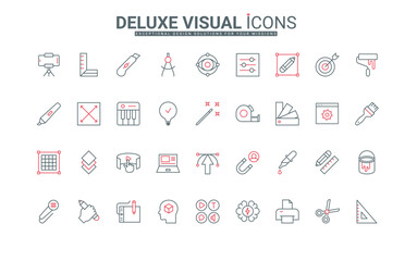 Tools and software for art design, vision and creative ideas of professional artist line icons set. Graphic tablet and computer settings for work thin black and red outline symbols vector illustration
