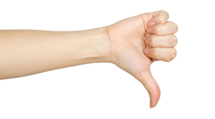 Woman hand shows thumbs down isolated on white background, with clipping path. Five fingers. Full Depth of field. Focus stacking. PNG
By uv_group