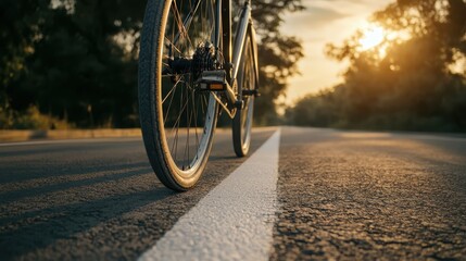 Obraz premium Bicycle Wheel on Road at Sunset with Warm Golden Light Atmosphere