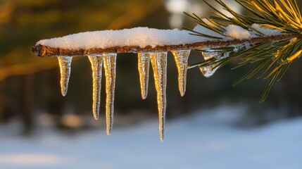 Naklejka premium Icicles Hanging from Snow-Covered Pine Branch in Winter Landscape