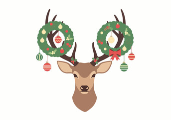 Fototapeta premium Christmas Deer Head with Wreath Antlers Vector