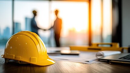 Yellow Safety Helmet On Wooden Table In Modern Office Meeting Room With City
