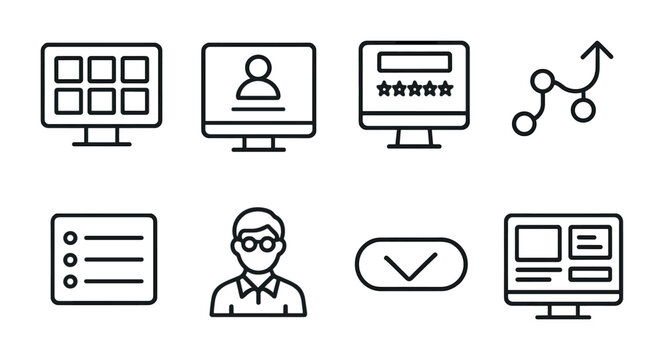 Online Learning Icons. Outline icon set of online learning platforms: course grid, login screen, course rating