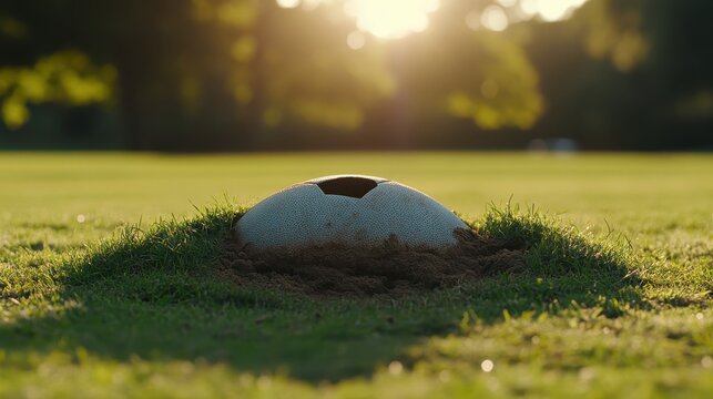 Rugby Ball Buried in Grass on Sports Field During Golden Hour Light
