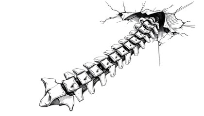 A black-and-white sketch of a twisted spine model with missing vertebrae, half-buried under loose ceiling plaster.
