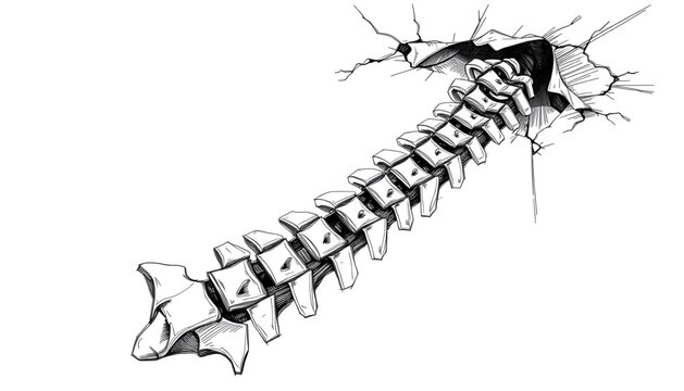 A black-and-white sketch of a twisted spine model with missing vertebrae, half-buried under loose ceiling plaster.
