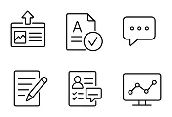 Teacher Tools Icons. Outline icon set of teacher tools online: content upload, grading icon, feedback bubble,