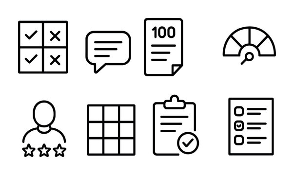 Student Assessment Icons. Outline icon set of student assessment tools: rubric icon, feedback comment, test