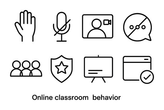 Online Classroom Icons. Outline icon set of online classroom behavior: raise hand icon, mute mic, turn camera
