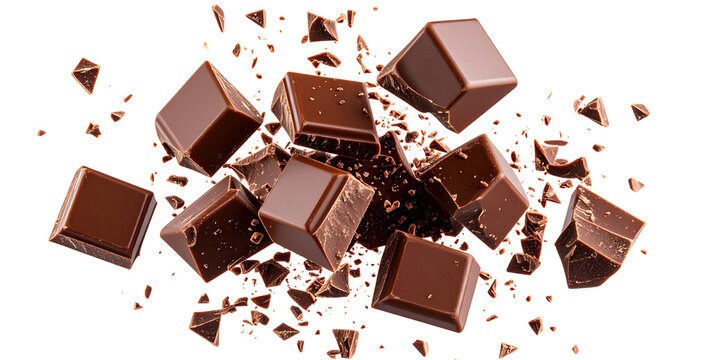 Cubes of milk chocolate bar falling with splash isolated on white background