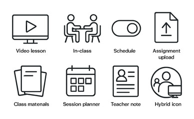 Blended Learning Icons. Outline icon set of blended learning tools: video lesson, in-class icon, schedule