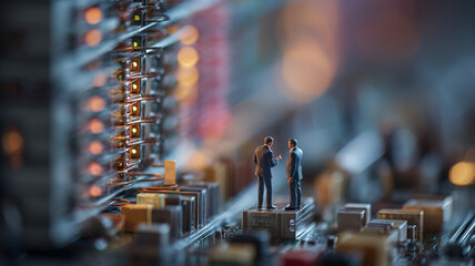 Two miniature businessmen in suits stand on circuit board, engaged in conversation. scene is set against backdrop of glowing electronic components, creating futuristic and innovative atmosphere