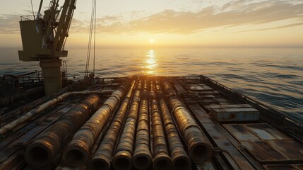 Naklejka premium Serene Sunset Over Calm Ocean with Industrial Equipment on Deck