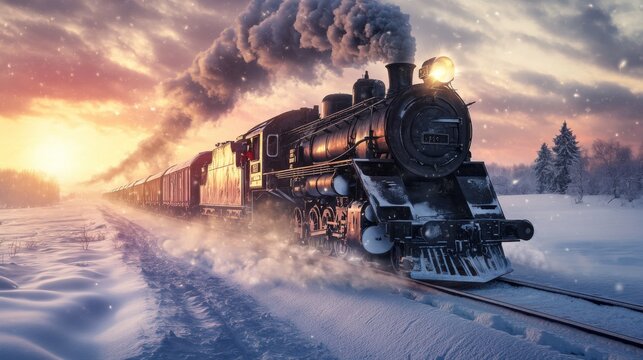 In the picture: an image of a powerful locomotive with freight cars racing along a snow-covered railway, symbolizing progress and success
