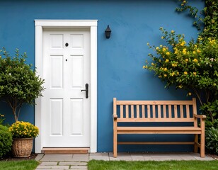 Inviting home facade featuring a white door, blue wall, and a rustic wooden bench