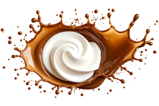 Coffee splash with cream swirl, top view, isolated on white background.