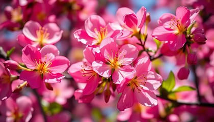 Fototapeta premium Close-up of vibrant spring blossoms, sunlit petals, soft focus background, artistic, serene