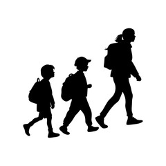 Silhouette of Mother or Teacher Walking with Two School Children – Back to School Concept Vector