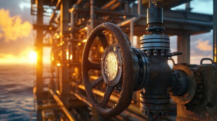 Fototapeta premium Industrial Control Valve on Offshore Oil Platform at Sunset