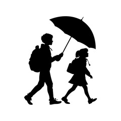 Silhouette of Schoolgirl Holding Umbrella for Schoolboy – Childhood Care, Education, and Friendship Concept Vector Illustration