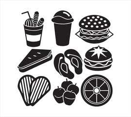 Black and White Food Icon Set Vector Illustration Featuring Burger Smoothie Apples Orange Sandwich and Heart Shape