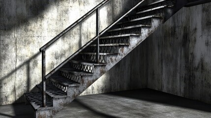 Fototapeta premium Rusty Metal Staircase in Dimly Lit Industrial Environment