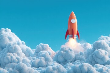 Fototapeta premium Orange rocket launching through clouds, blue sky background. Business success concept