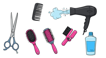 Cartoon illustration of hair styling tools with scissors and hairbrushes