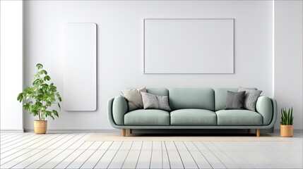 Light-toned living room interior with a mint green sofa.