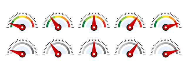 Speedometer and gauge icons set. Colorful and grayscale options indicating various performance levels. Vector illustration