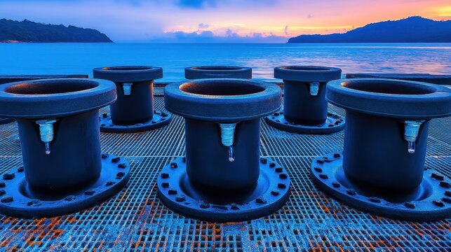 Industrial Docking Cleats at Sunrise by the Ocean Shoreline - Powered by Adobe