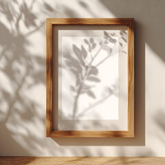 blank mockup of an empty photo frame leaning slightly on a wall with decorative shadows