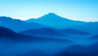 Fototapeta premium Abstract Japanese landscape, gradient blue background, misty mountains, serene, calming, artistic , aesthetic, mist