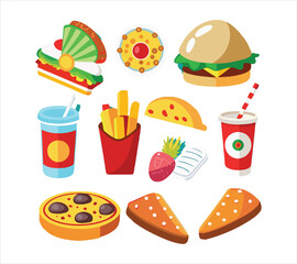 Cartoon Fast Food Icons Set Hamburger Pizza French Fries and Dessert Vector Illustration