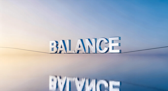Serene Sunrise: 3D Render of Balanced Metal Word "Balance" on a Tightrope Over Calm Water.
