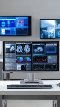 Brain scan analysis displayed on monitors in medical control room