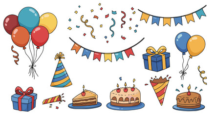 Colorful birthday celebration elements: Balloons, confetti, cake, gifts and decoration