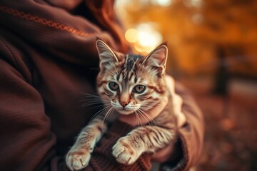 Close-up of affectionate cat and owner bond, great for veterinary or emotional branding.