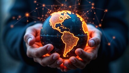 Hands Holding Illuminated World Globe With Network Connections