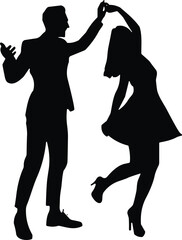 Elegant silhouette couple dancing, romantic twirl moment, ballroom pose on white background, graceful motion, black vector sketch, partner choreography illustration concept design.