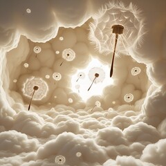 Oversized dandelion seeds floating through a room made of clouds, surreal interior with soft lighting background copy space