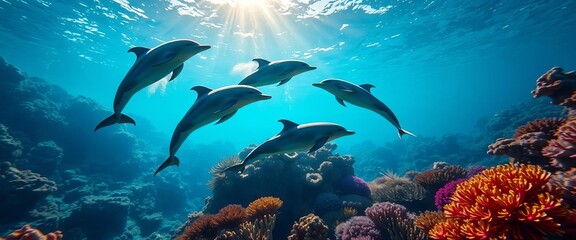 Obraz premium Dolphins arc through vibrant coral reef, sunlight dappling water, bright, jump