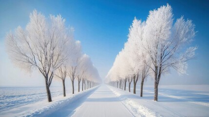 Obraz premium In winter, the trees in Harbin's snow world stand tall and straight with white leaves covered by heavy frost on their branches 