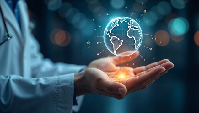 Doctor Holding a Globally Connected Earth in Hands Representing Global Healthcare - Powered by Adobe