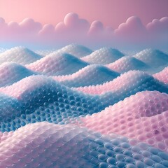 Bubble wrap forming a landscape of hills and valleys under a pink-blue gradient sky, clean and quirky mockup surface background copy space modern blue pink conceptual