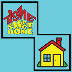  Home Sweet Home text with cute house icon in cartoon style. Perfect for prints, wall art, greeting cards, and home